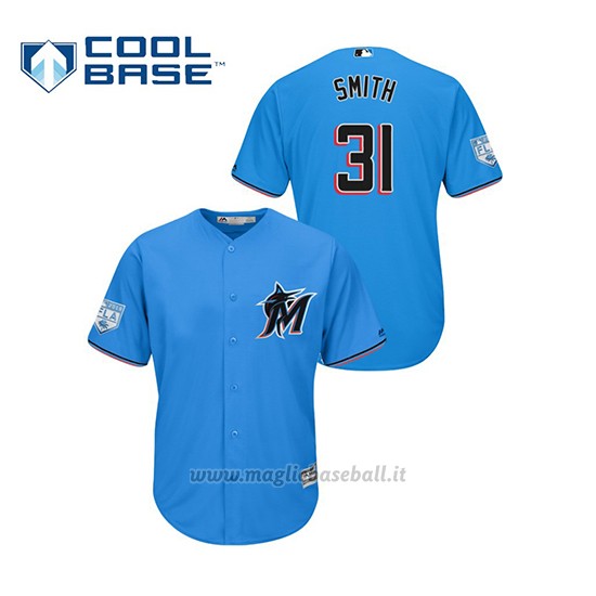 Maglia Baseball Uomo Miami Marlins Caleb Smith 2019 Entrenamiento De Primavera Cool Base Blu
